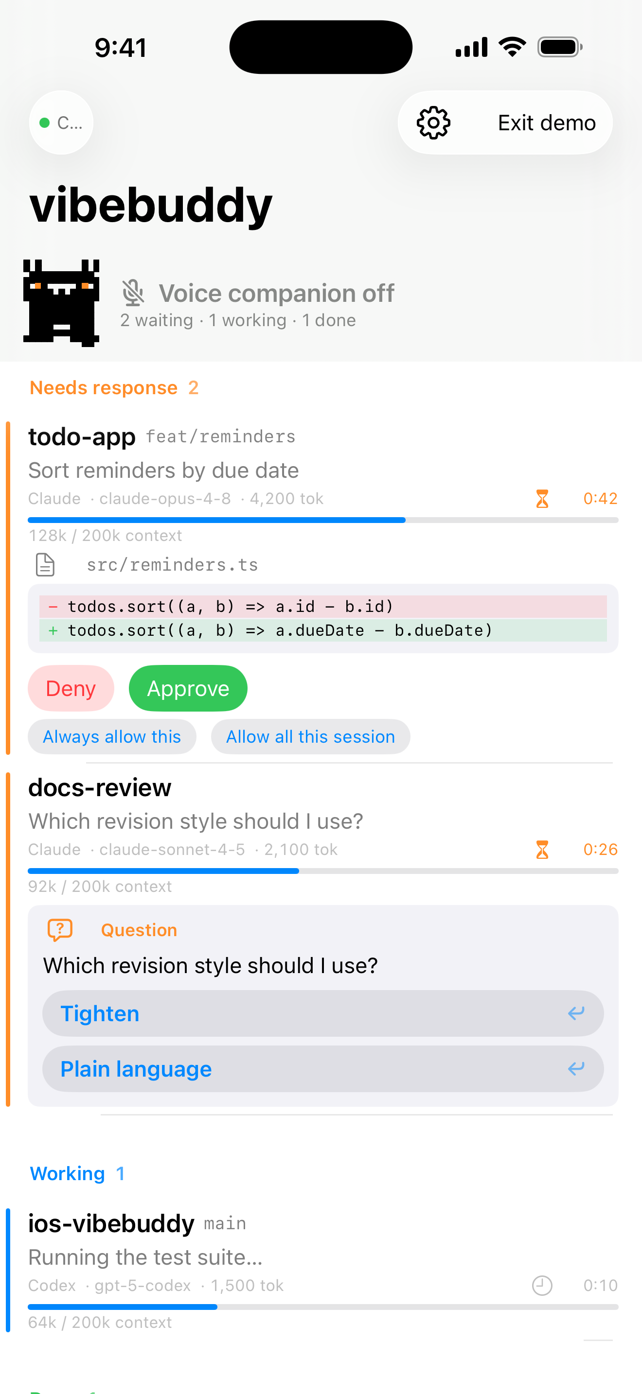 vibebuddy iPhone dashboard with an inline diff and Approve/Deny buttons