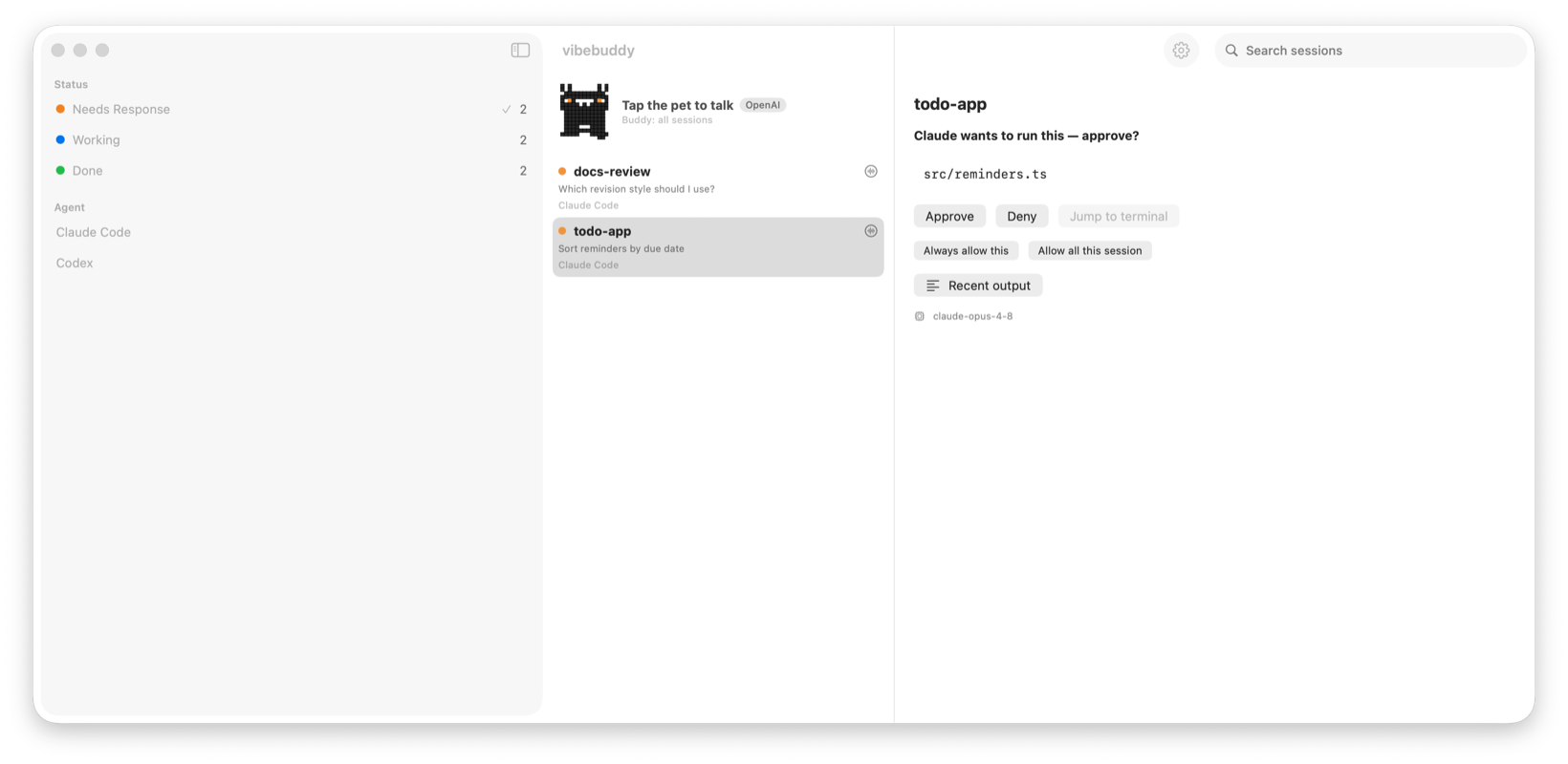 vibebuddy Mac menu-bar app — three-pane dashboard: status sidebar, session list with the voice pet, and a remote-approval detail