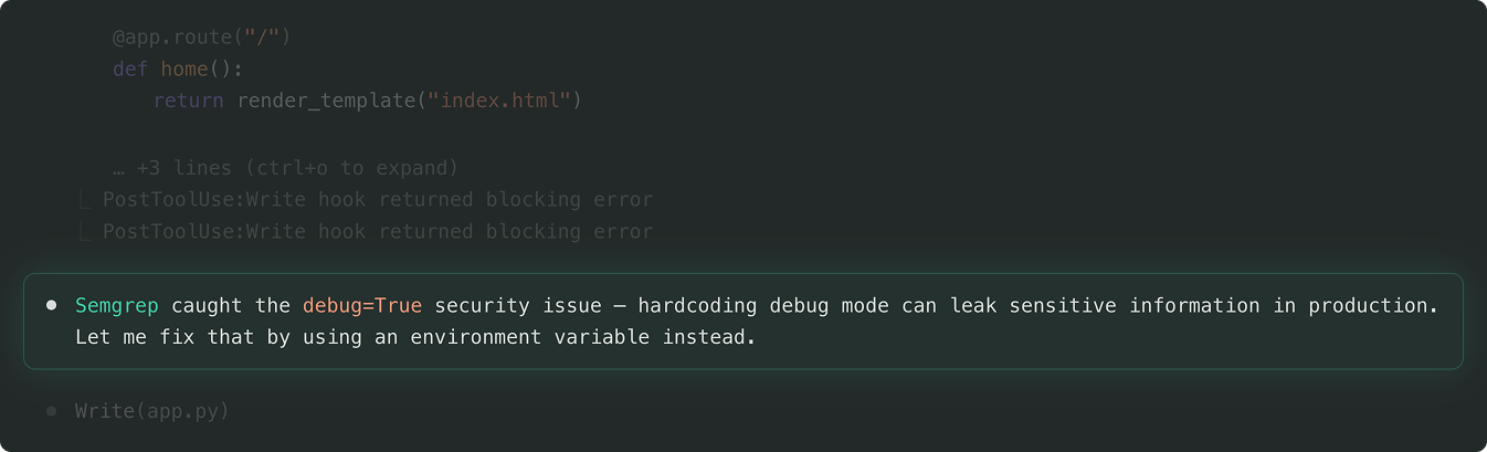 Guardian catching a debug=True security issue in agent-generated code