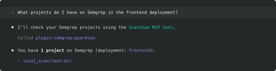 Asking the Guardian MCP which Semgrep projects exist in a deployment