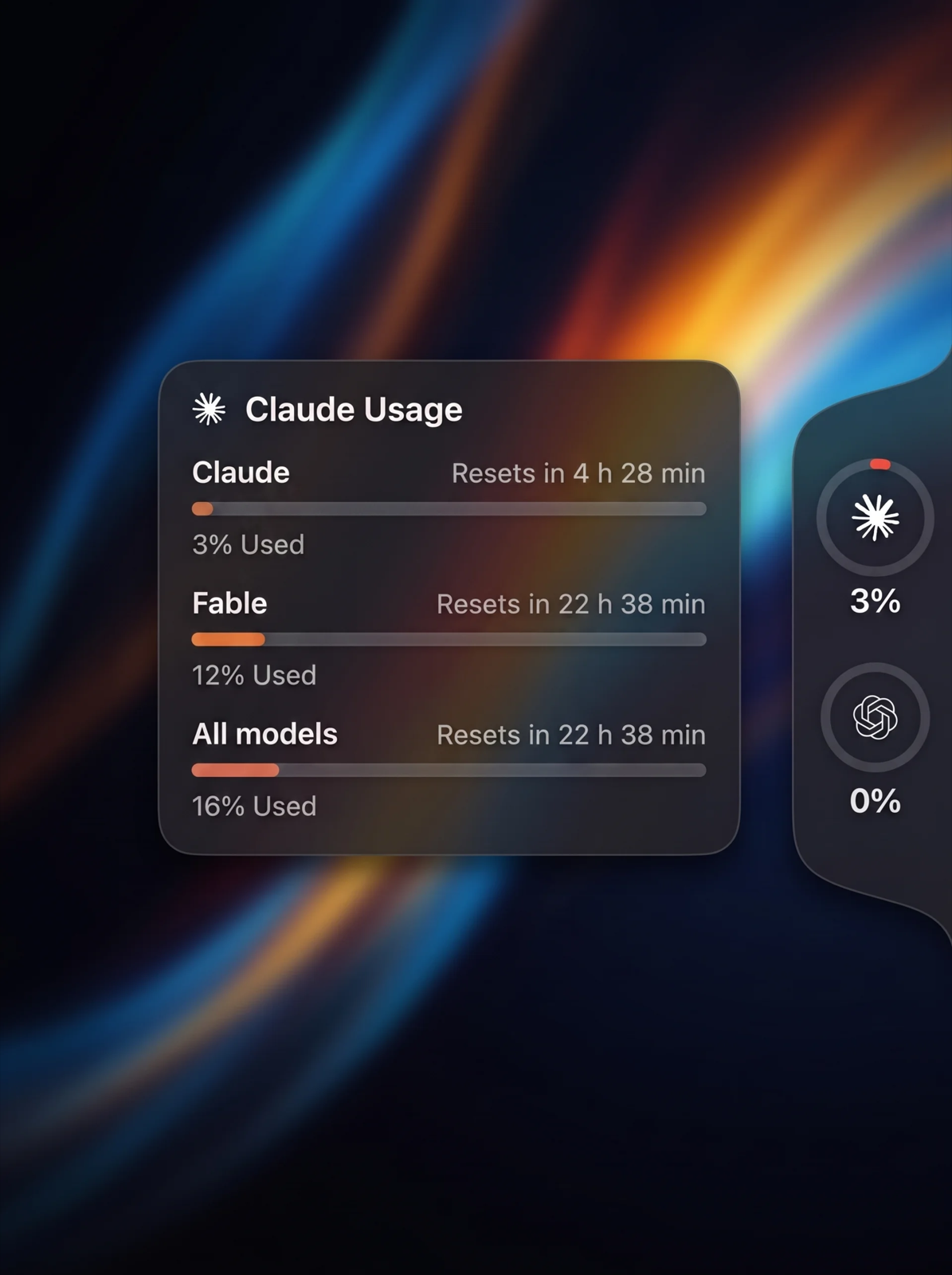 Brink — edge panel with Claude and Codex usage rings and the Claude detail card