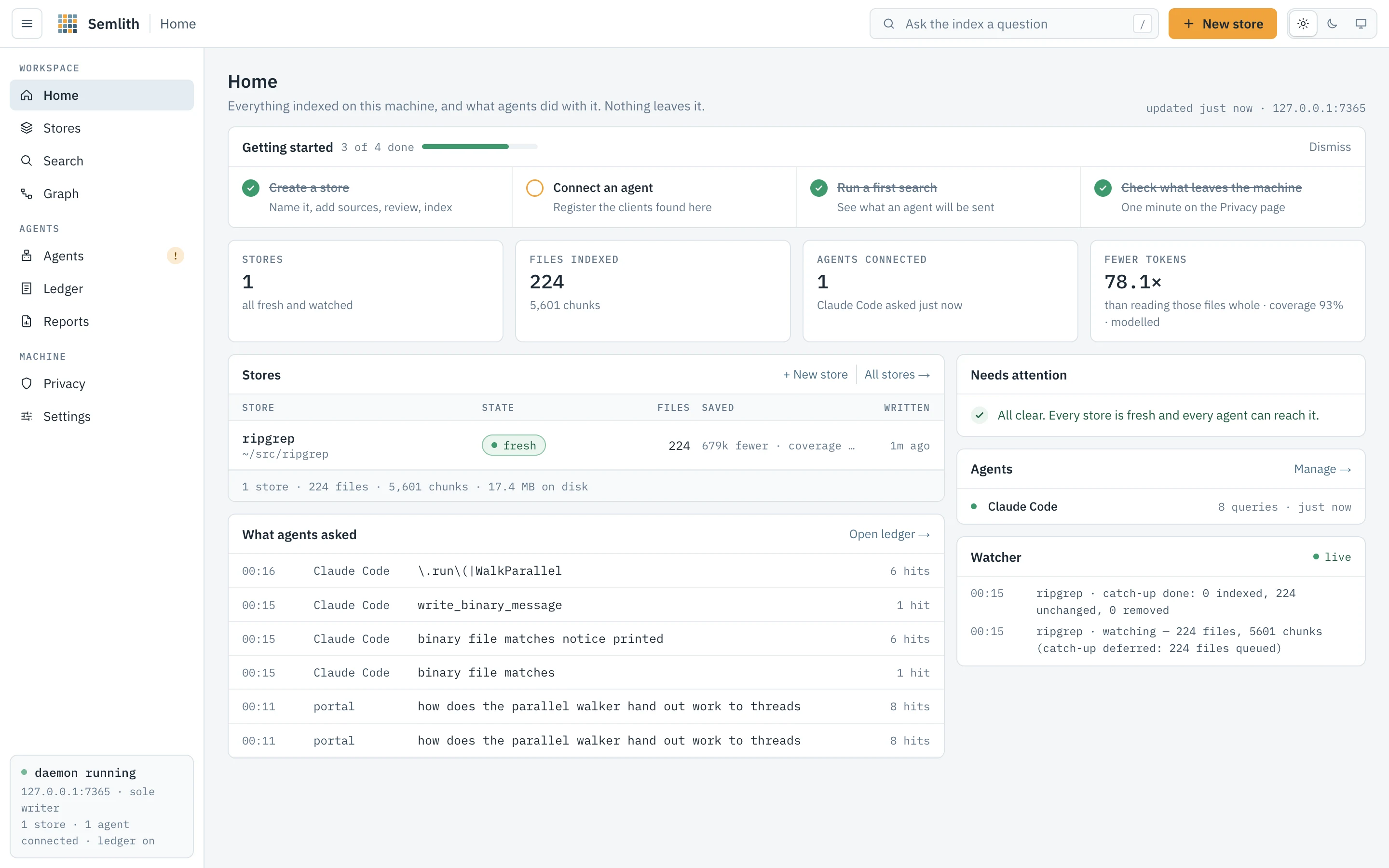 The Semlith portal's Home page, with one store indexing BurntSushi/ripgrep