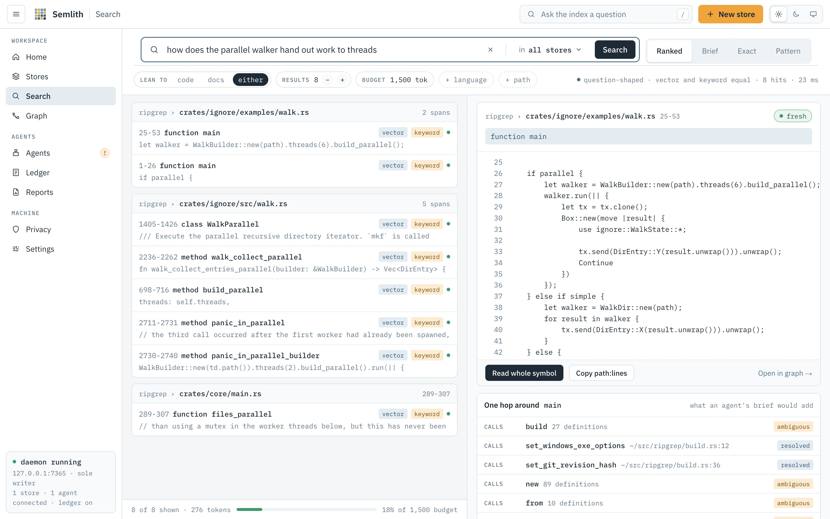 Search: ranked spans with the lists that found them