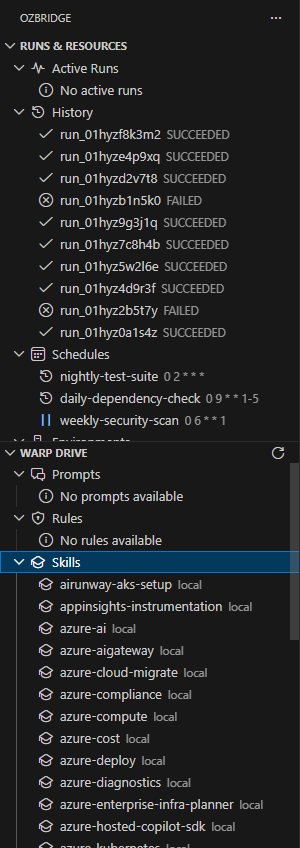 Warp Drive prompt and skills preview inside VS Code