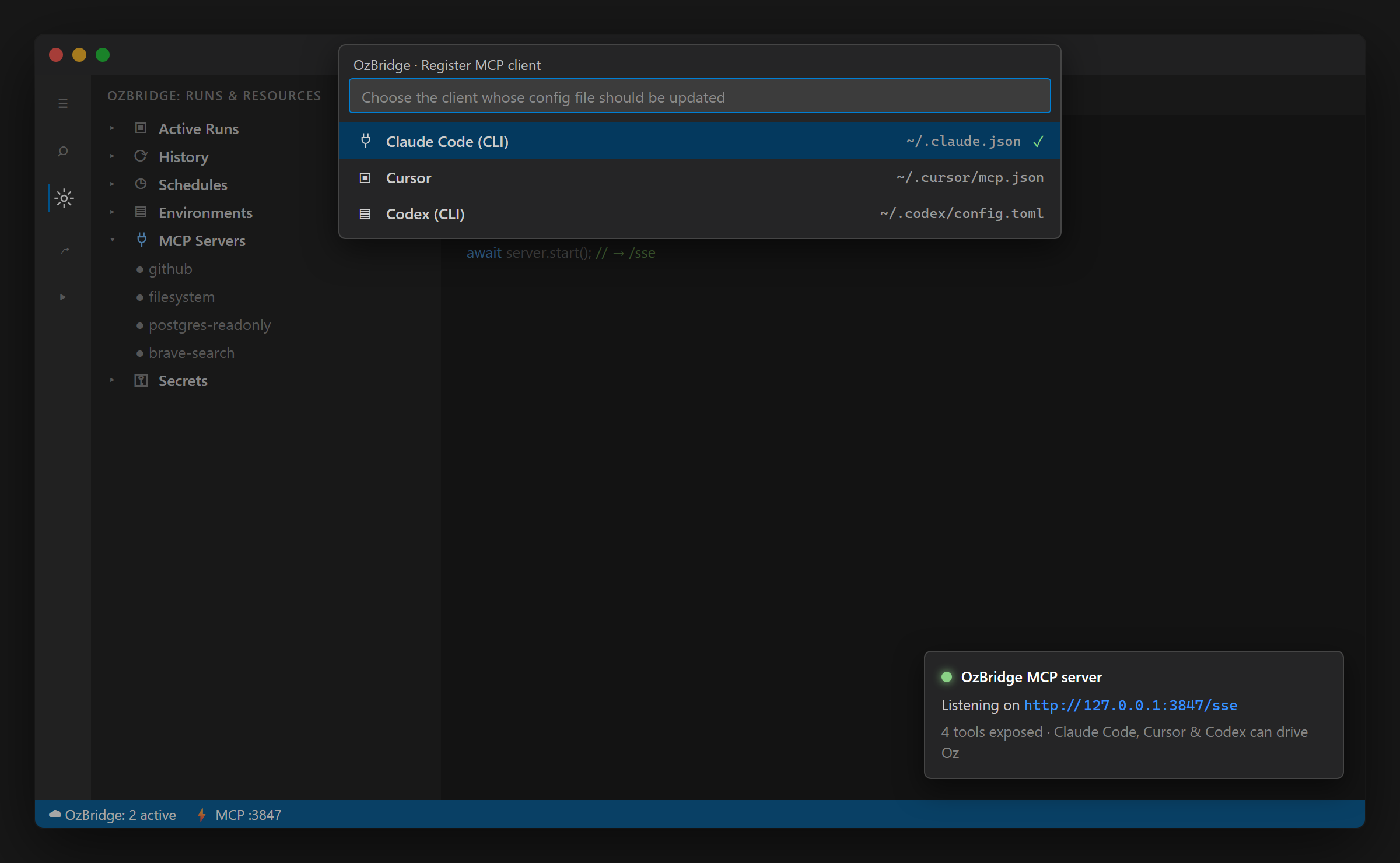 Embedded MCP bridge status with registered clients