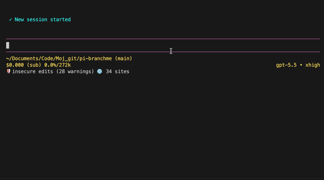 BranchMe demo: inspect branch status and use branch workflow tools in pi