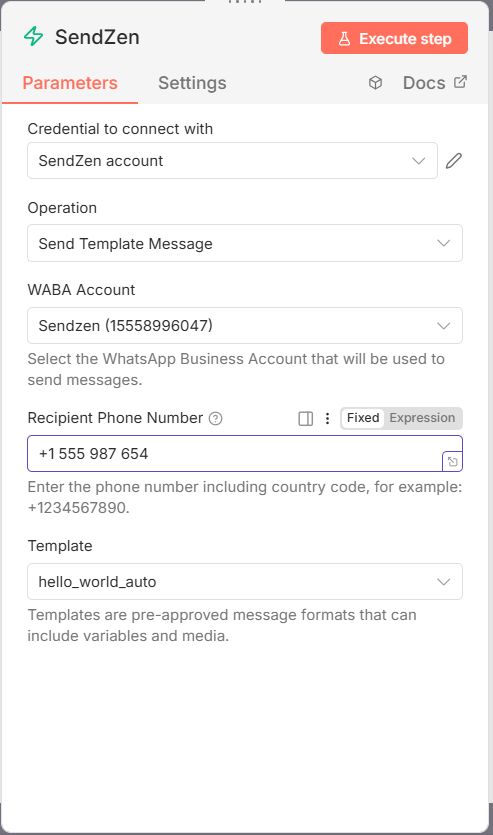 SendZen Send Template Message Node in n8n