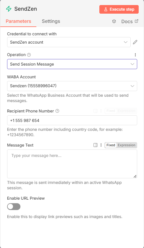 SendZen Send Session Message Node in n8n