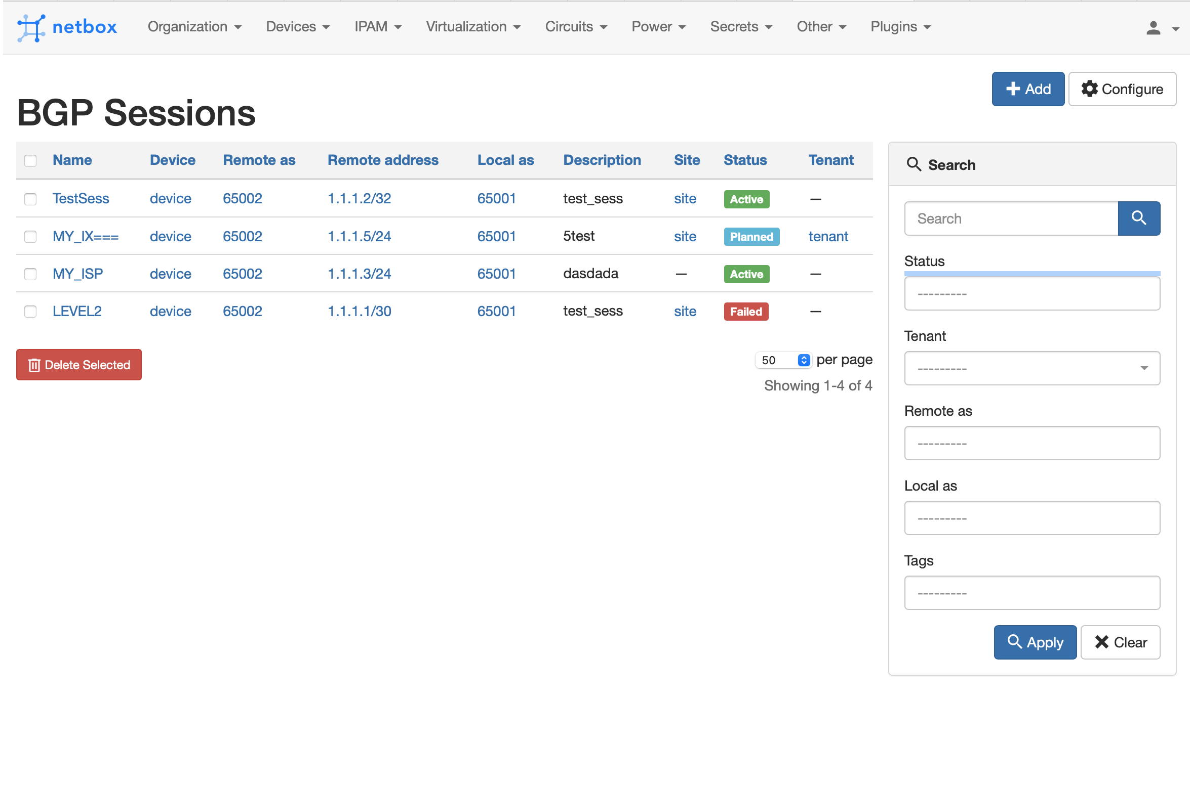 BGP Session Table