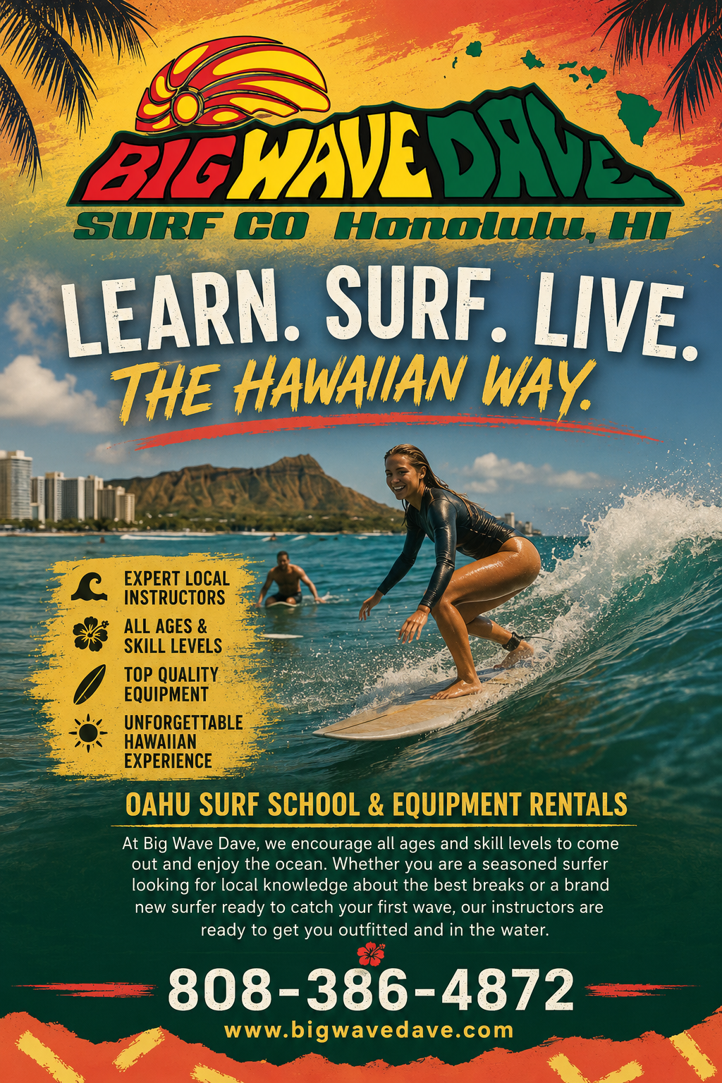 Big Wave Dave Surf & Coffee &mdash; Voted Best Surfing Lessons in Waikiki, Honolulu Hawaii. Located at Waikiki Beach Walk, 226 Lewers #154. Call (808) 386-4872. Surf lessons, board rentals, coffee, food and beach gear.