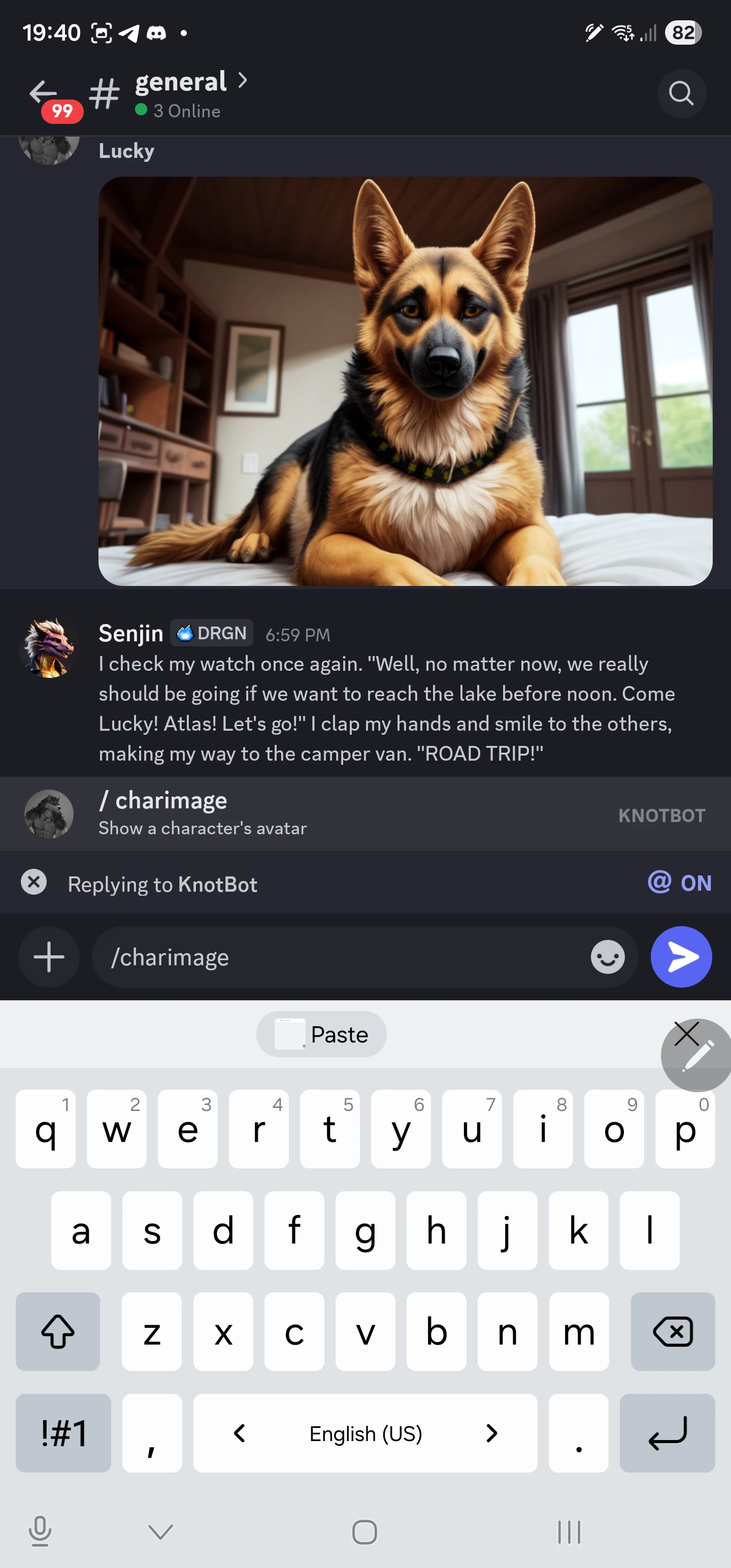 Mobile Discord showing group chat and /charimage autocomplete