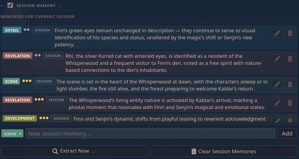 Session memory list