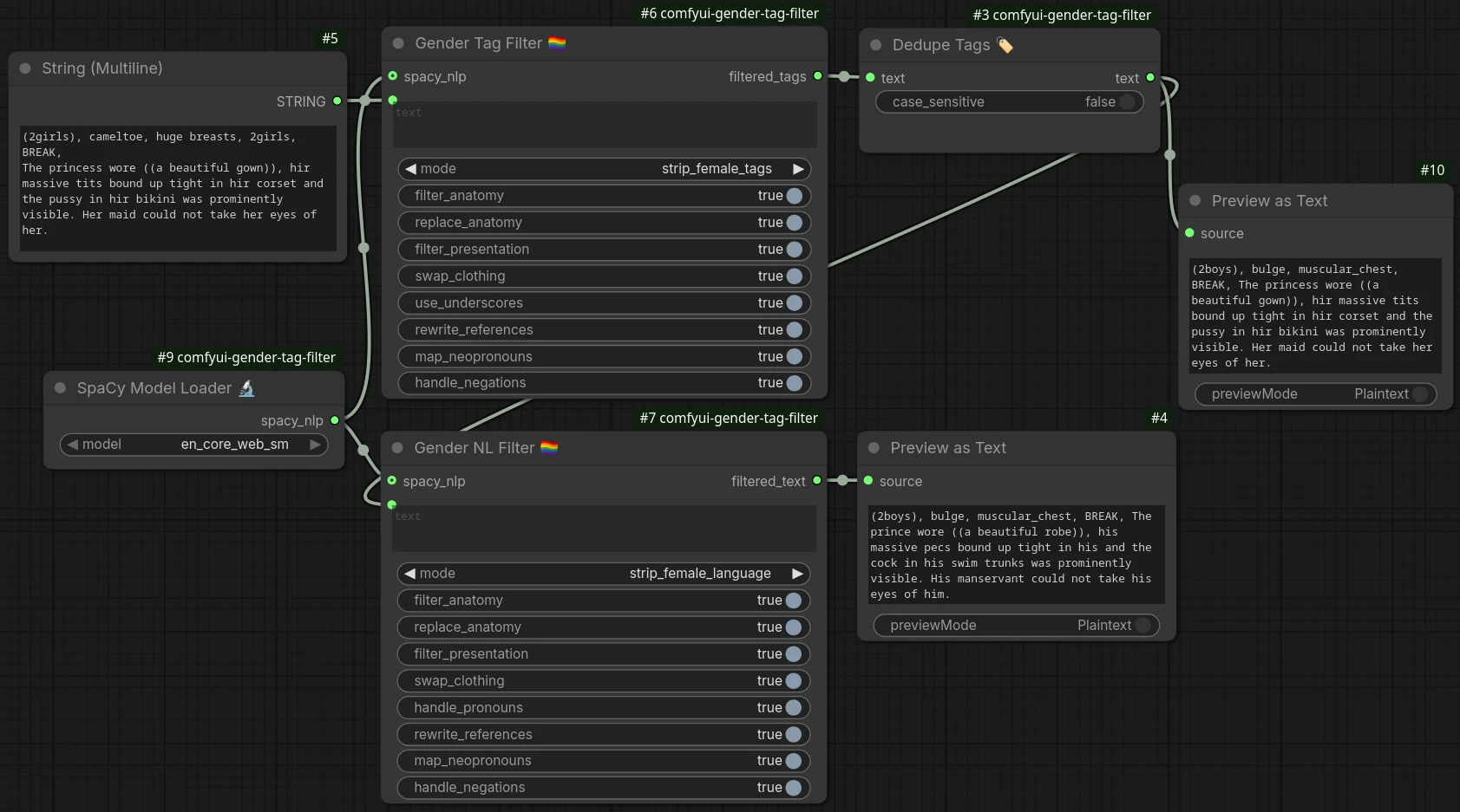 Workflow with both nodes chained together, showing output of each node.