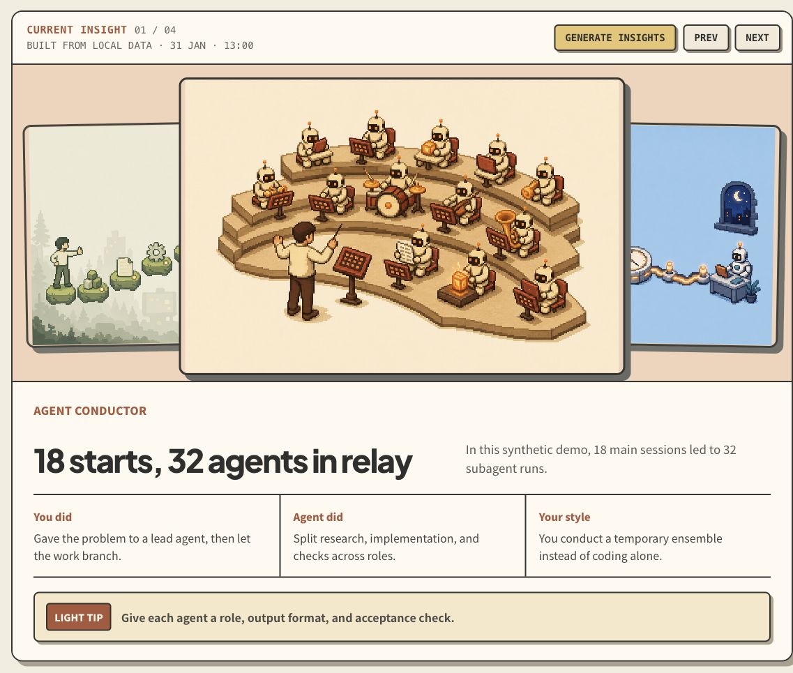 A complete Coding Wrapped insight with illustration, behavior, style, and light tip