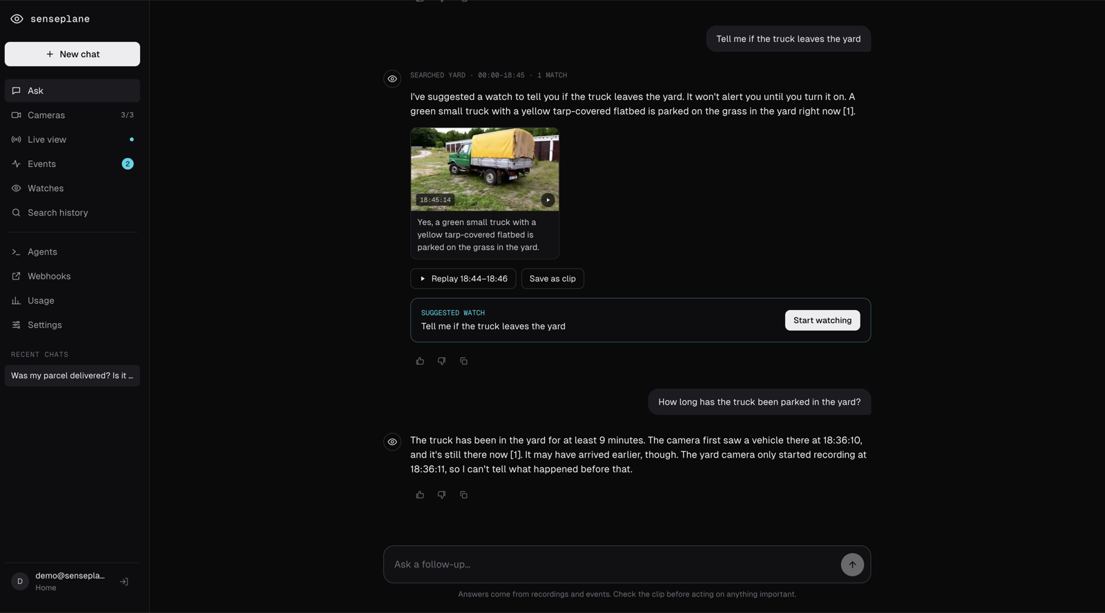 Asking about the yard camera: a suggested watch for when the truck leaves, and how long it has been parked