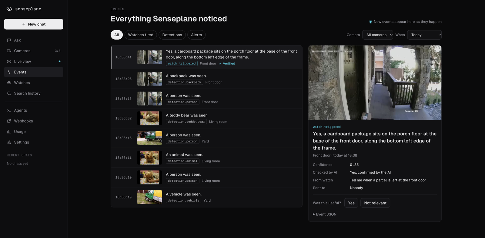 Events: a parcel watch fired and was checked by the AI, with its snapshot