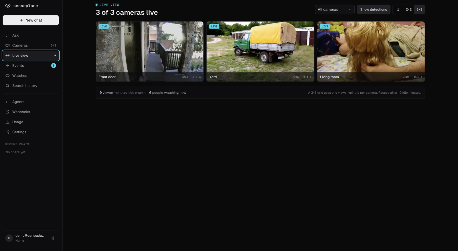Live view of three cameras: front door, yard and living room