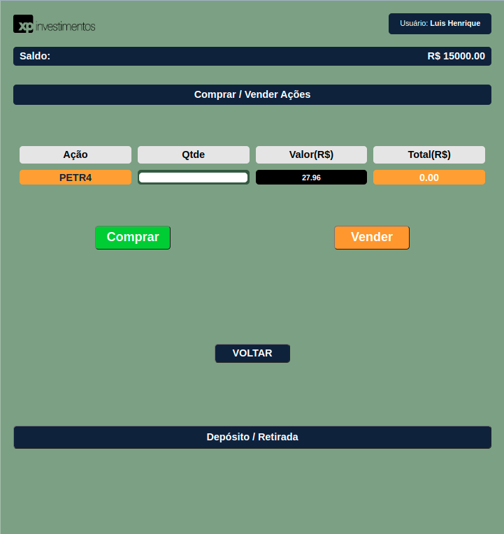 Tela de Compra e venda de Ações