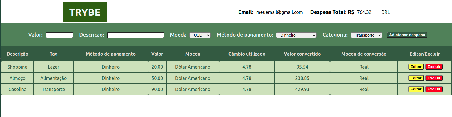 Tela Principal com despesas