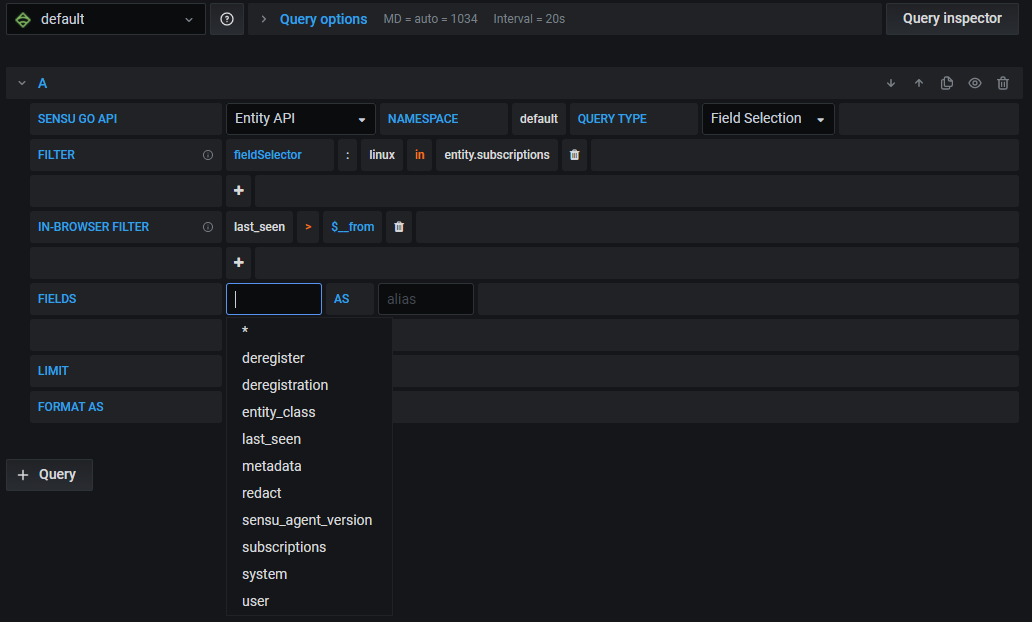 Grafana user interface showing the query builder with Sensu Go and the Entity API selected