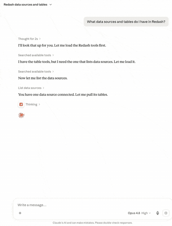 redash-mcp demo — Claude explores Redash tables, charts revenue by category, then the SQL safety guard blocks a PII export