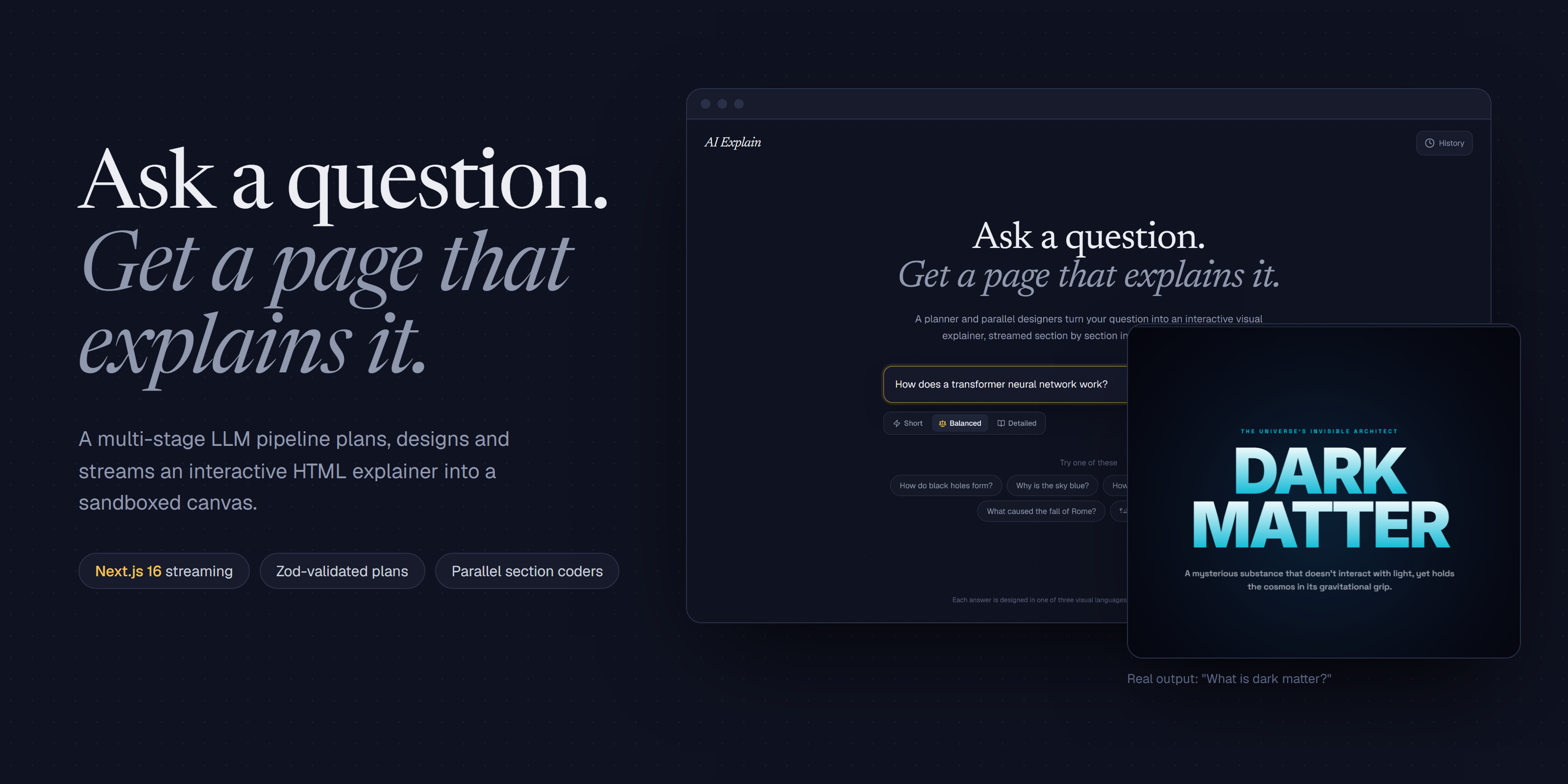 AI Explain: landing page next to a generated canvas