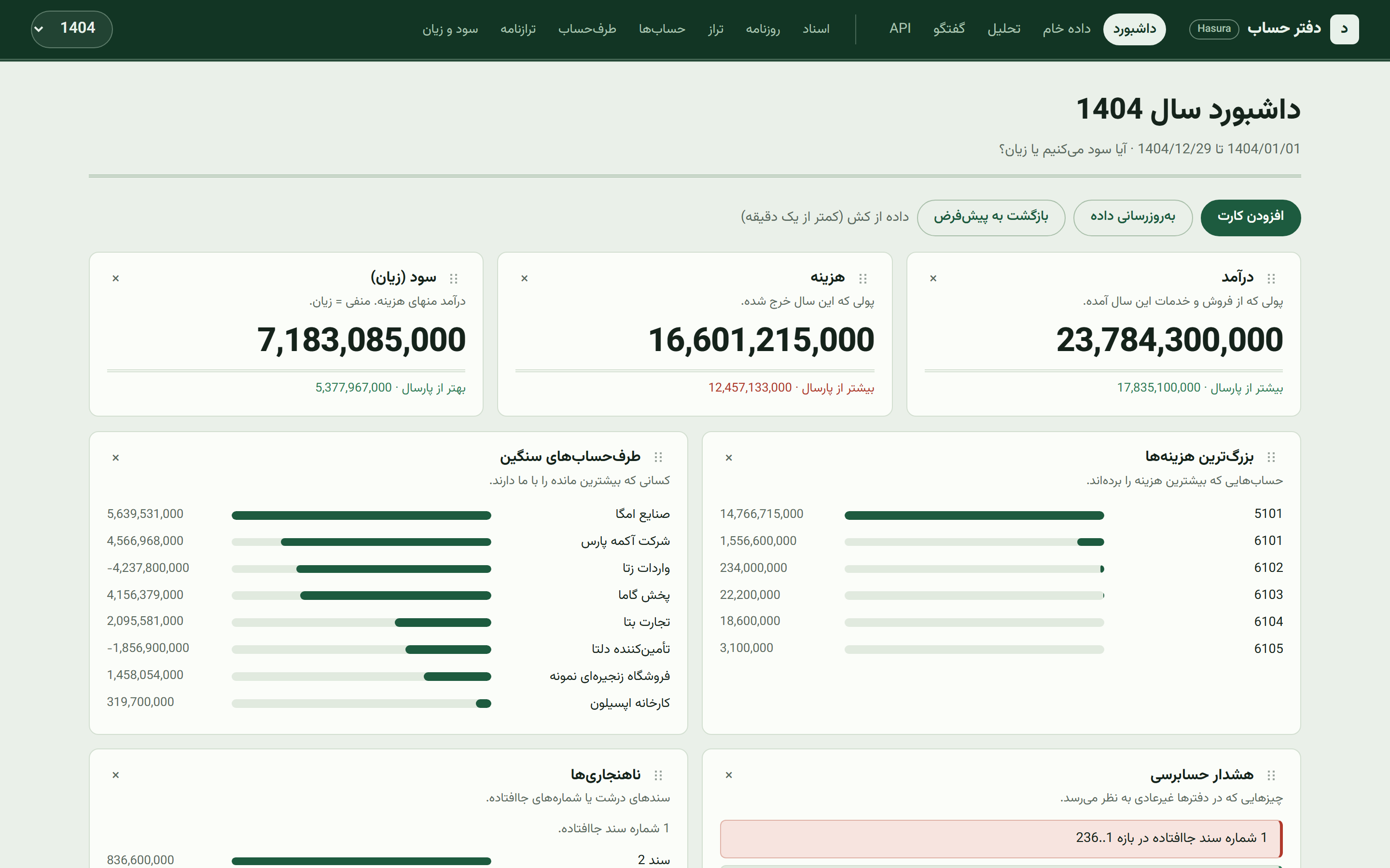 Accounting dashboard with audit flags (demo data)