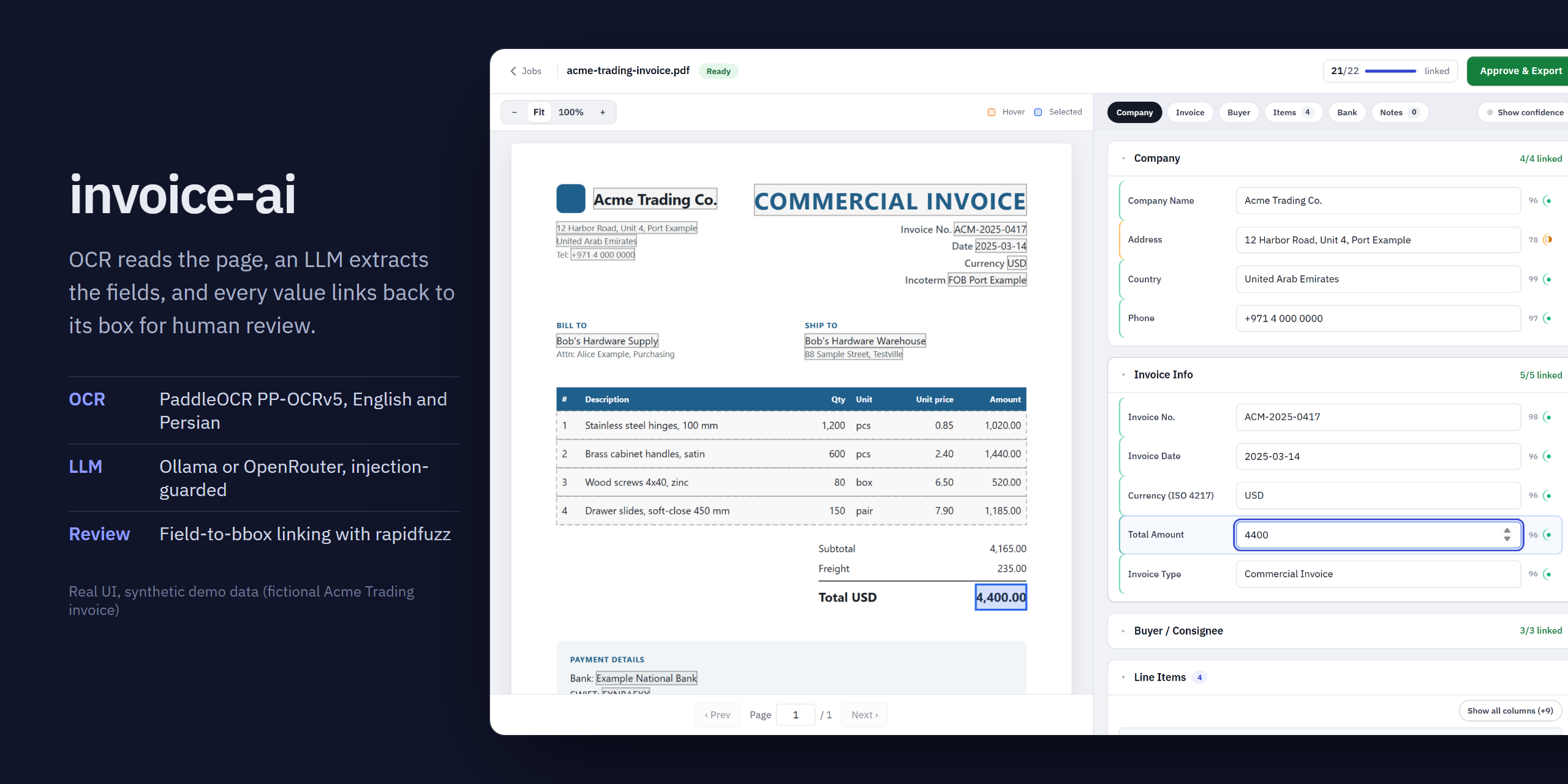 invoice-ai review UI on a synthetic invoice