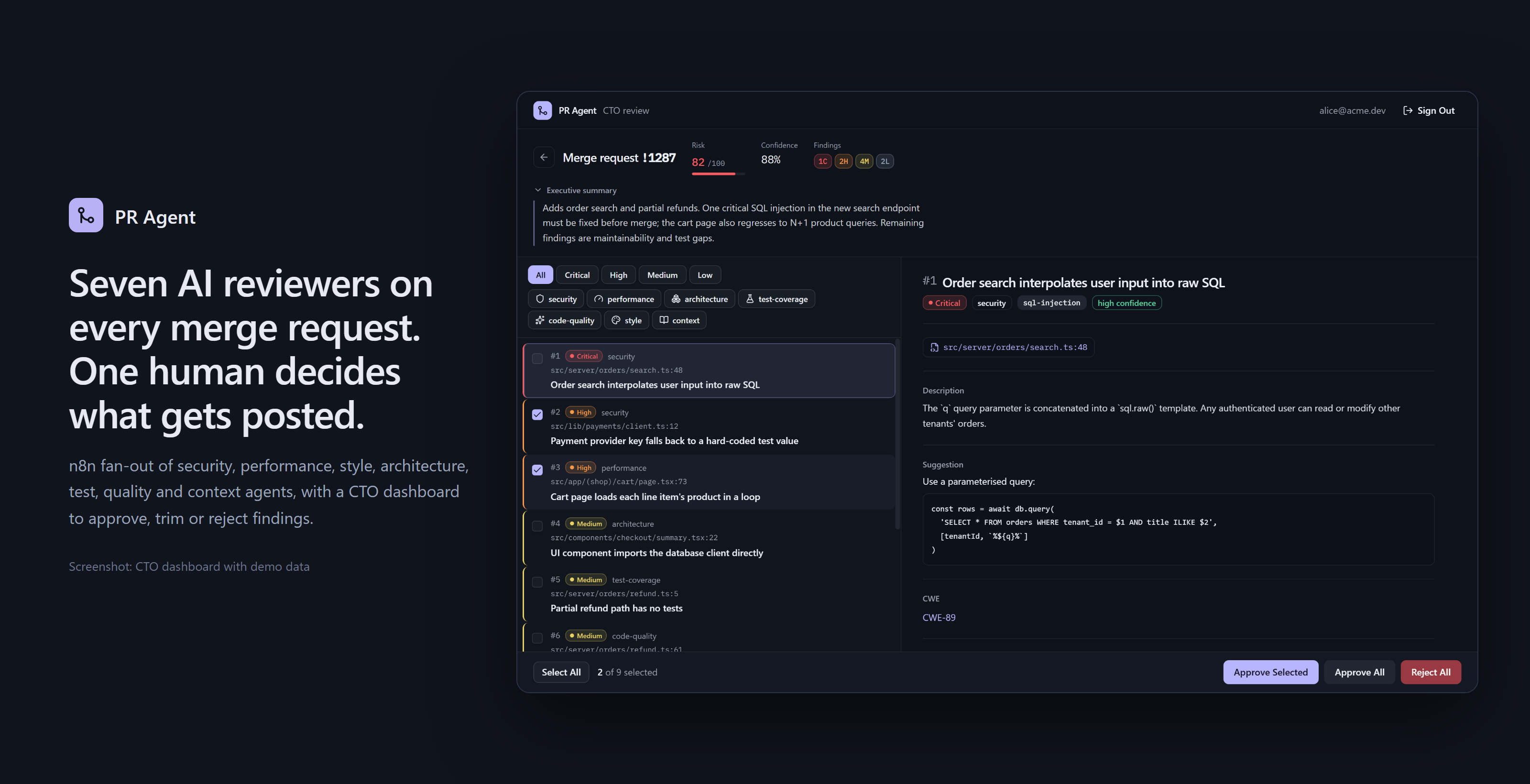 PR Agent: dashboard reviewing a merge request (demo data)