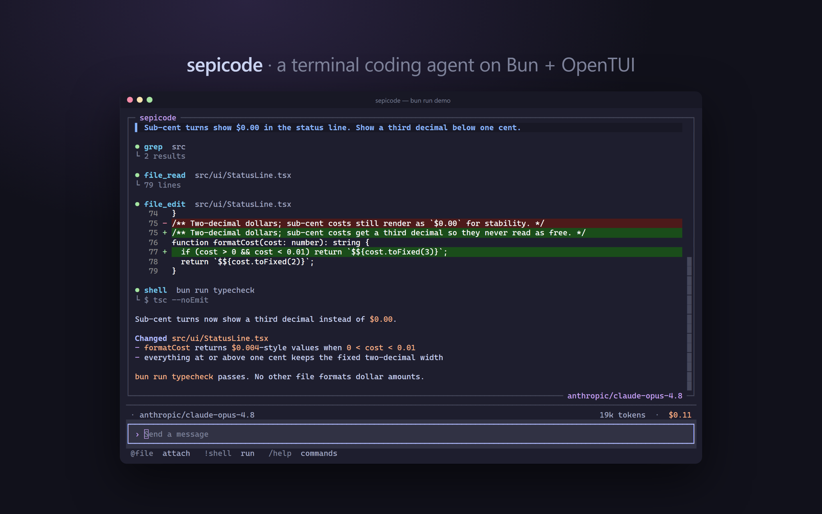 sepicode editing a file in the terminal (scripted demo data)