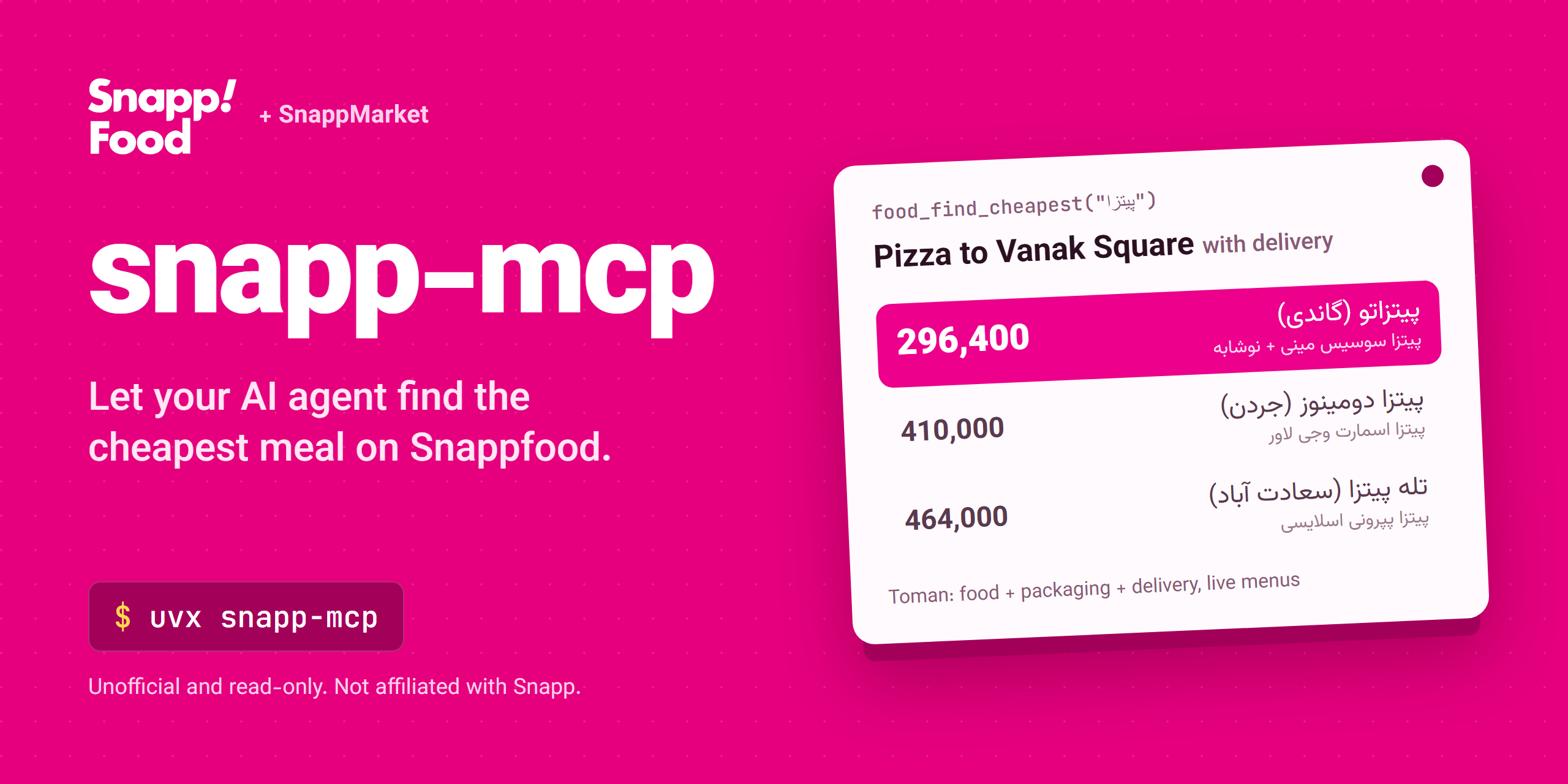 snapp-mcp: let your AI agent find the cheapest meal on Snappfood and SnappMarket