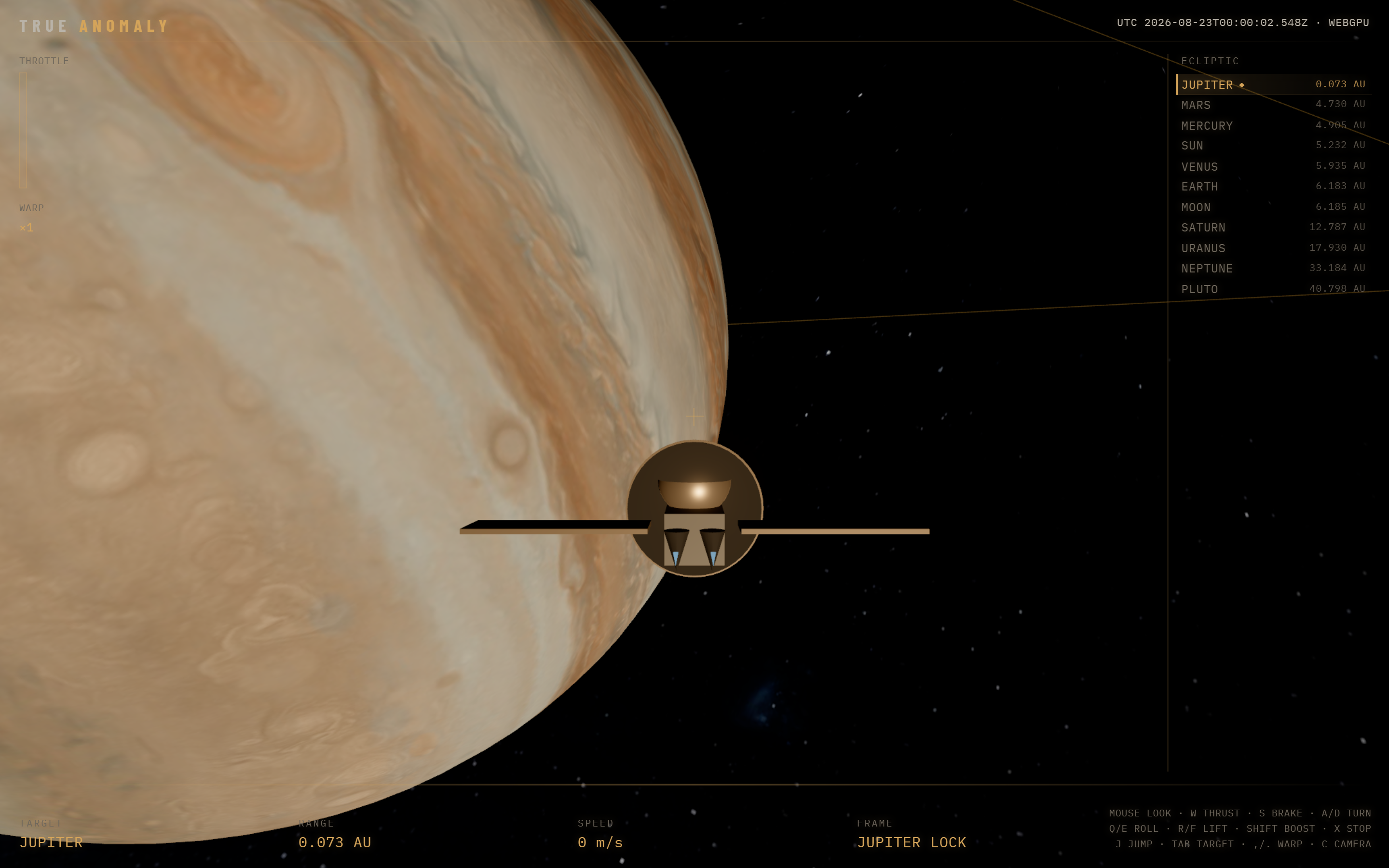 True Anomaly: chase view near Jupiter with the live HUD