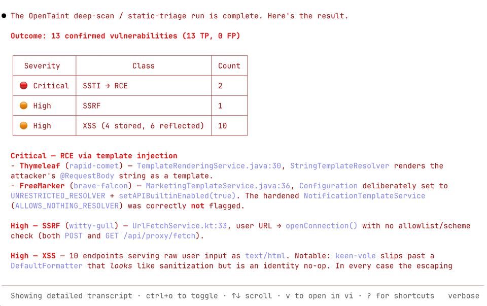 An OpenTaint agent workflow scanning a Spring application and returning triaged vulnerabilities