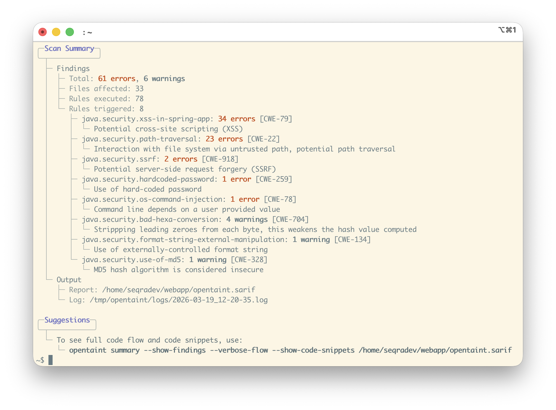 OpenTaint summary output
