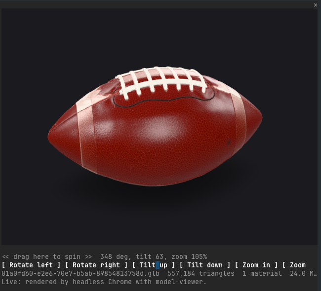 The viewer pane in Ghostty: a rendered American football with leather texture and white laces, the drag strip, Rotate/Tilt/Zoom buttons and the info line below it