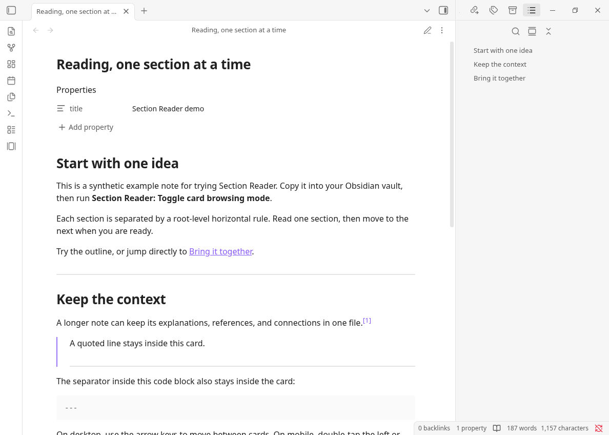 The original note in Obsidian's normal Reading view, showing multiple sections and the Outline