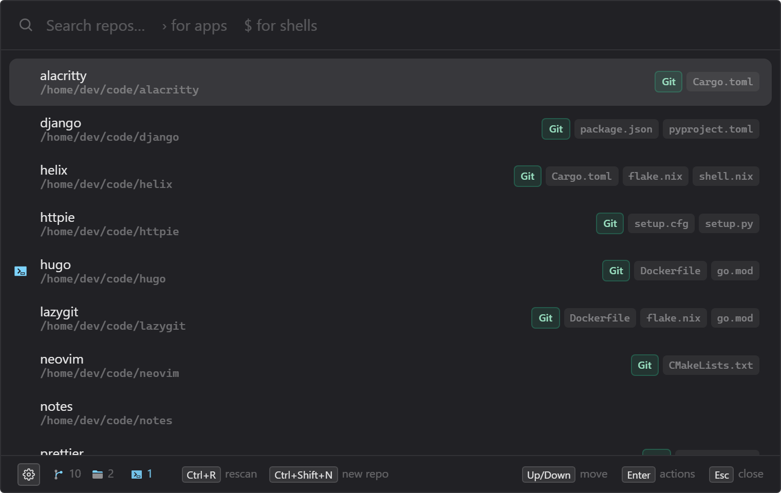 The repo list: every repository under your code folders, with its version control and project files