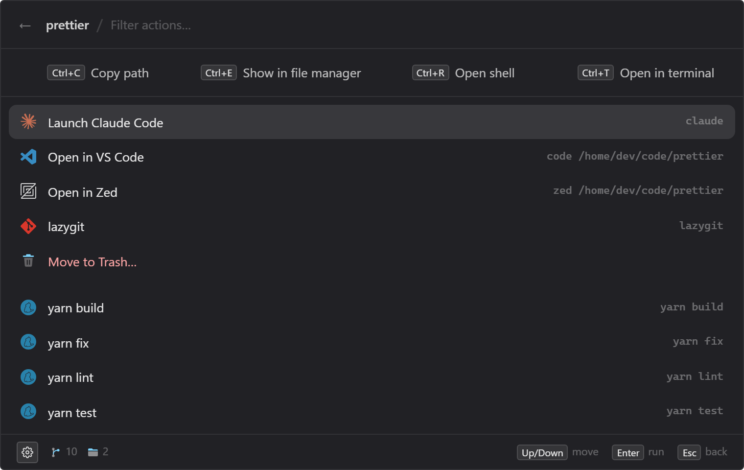 A repo's action menu: quick actions along the top, then editors, tools and the project's own scripts