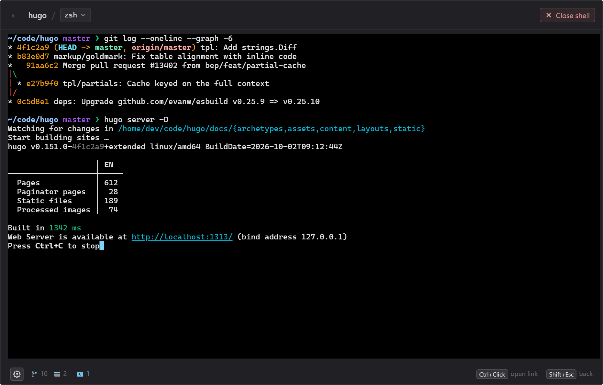 A shell open inside the overlay, running git log and a Hugo dev server