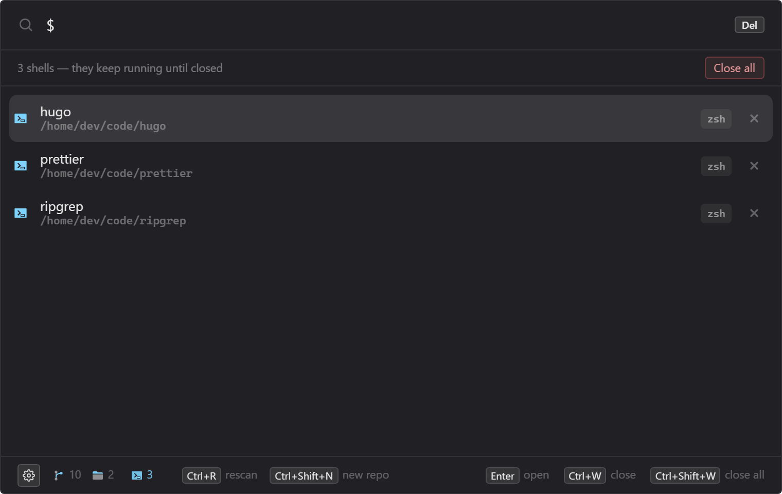 The running-shells list: three shells in different repos, each with a close button, and Close all