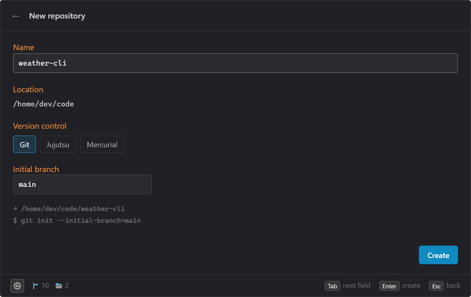 The New repository form: a name, the folder it goes in, and the version control to set up