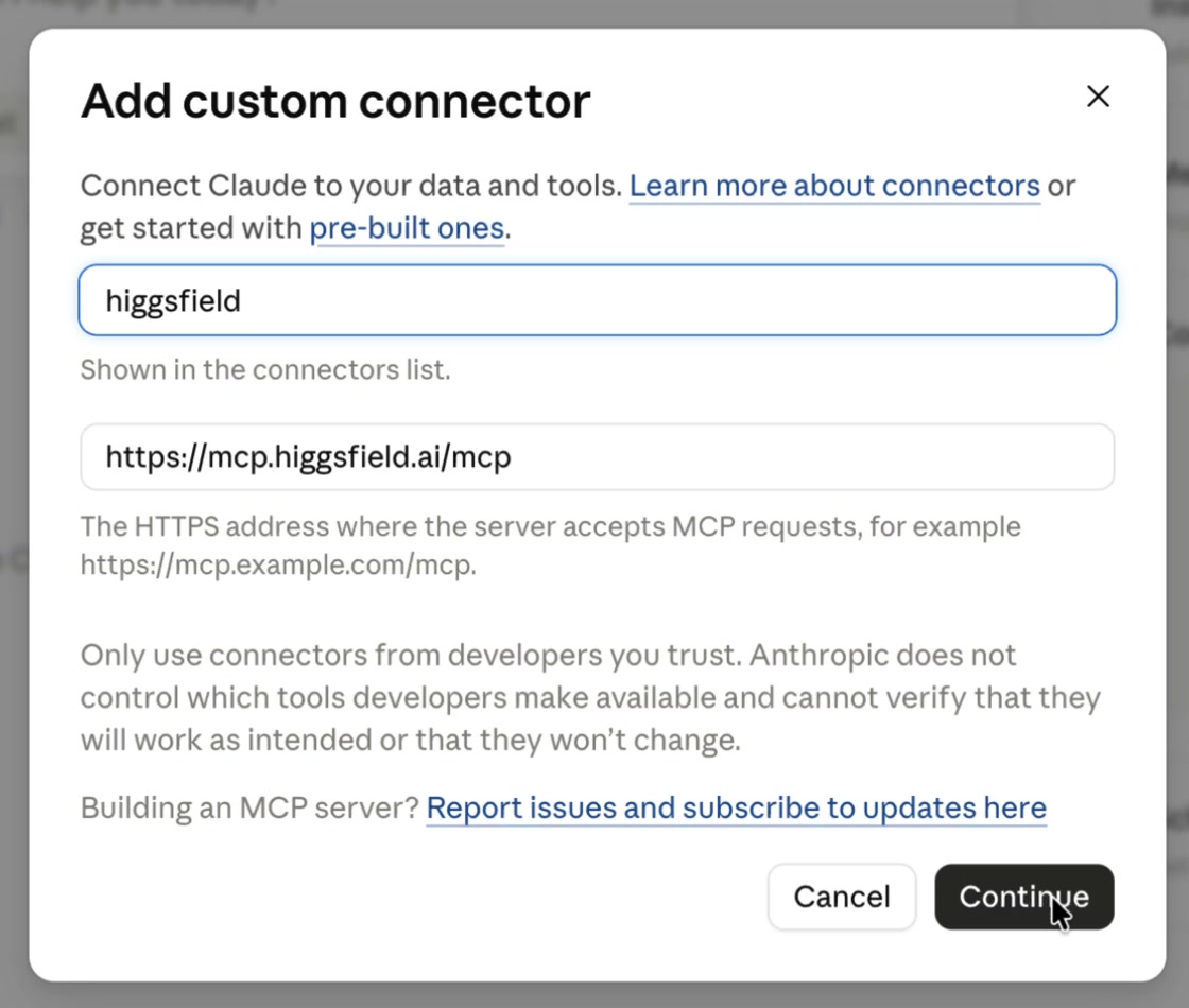 Claude 添加 Higgsfield 自定义 Connector 的配置窗口,填写名称与 MCP 服务器地址