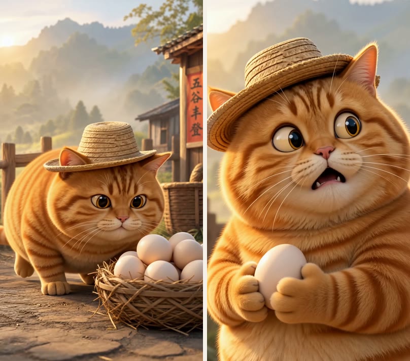 橘猫偷蛋短片的成片截图,戴草帽的橘猫靠近蛋篮并抱着鸡蛋