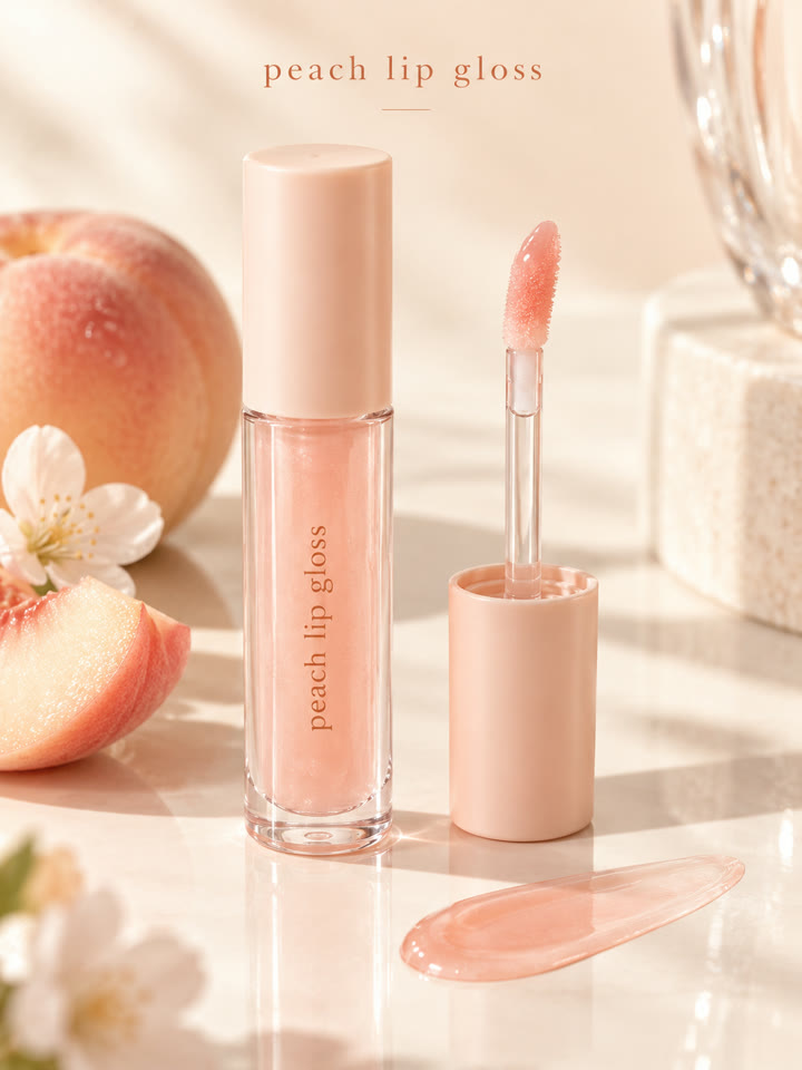 Peach Lip Gloss 蜜桃唇彩的 AI 产品参考图,展示唇彩包装、刷头和蜜桃色调
