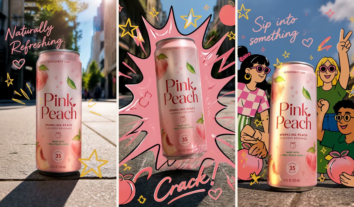 Pink Peach 通过 Higgsfield Motion 模板生成的广告成片截图,展示产品、手绘涂鸦和卡通元素