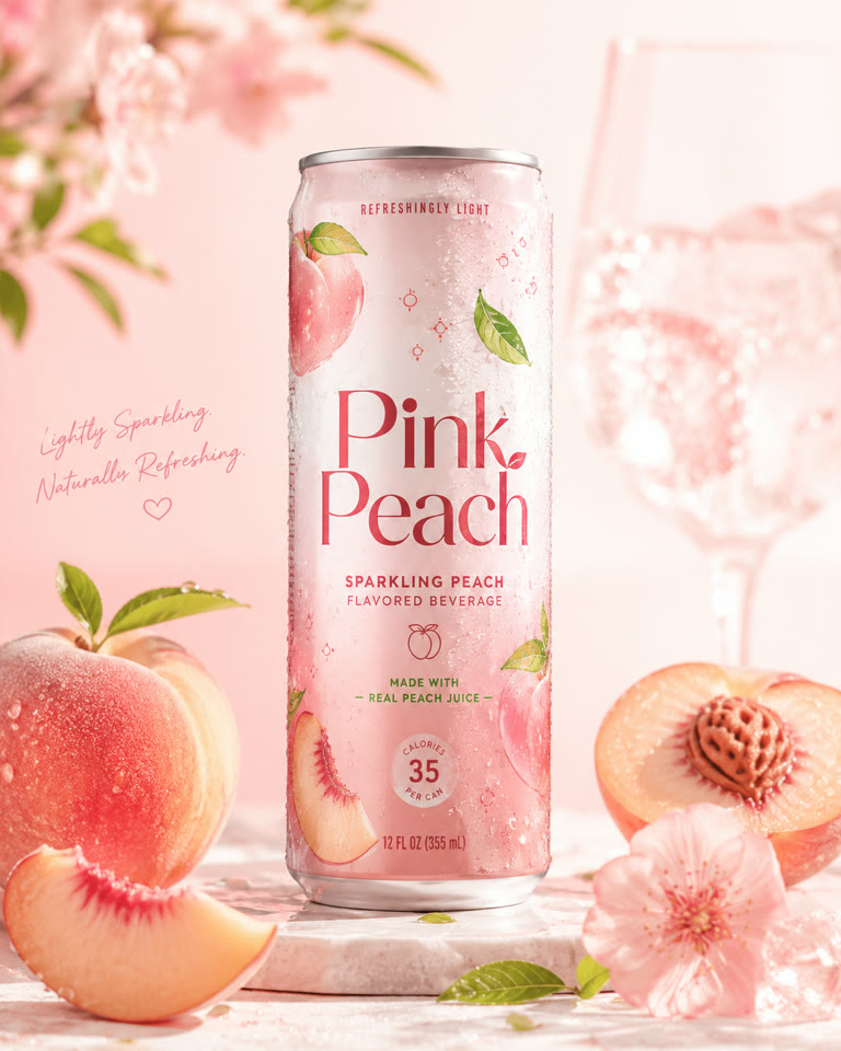 GPT 生成的 Pink Peach 桃子味饮料产品参考图