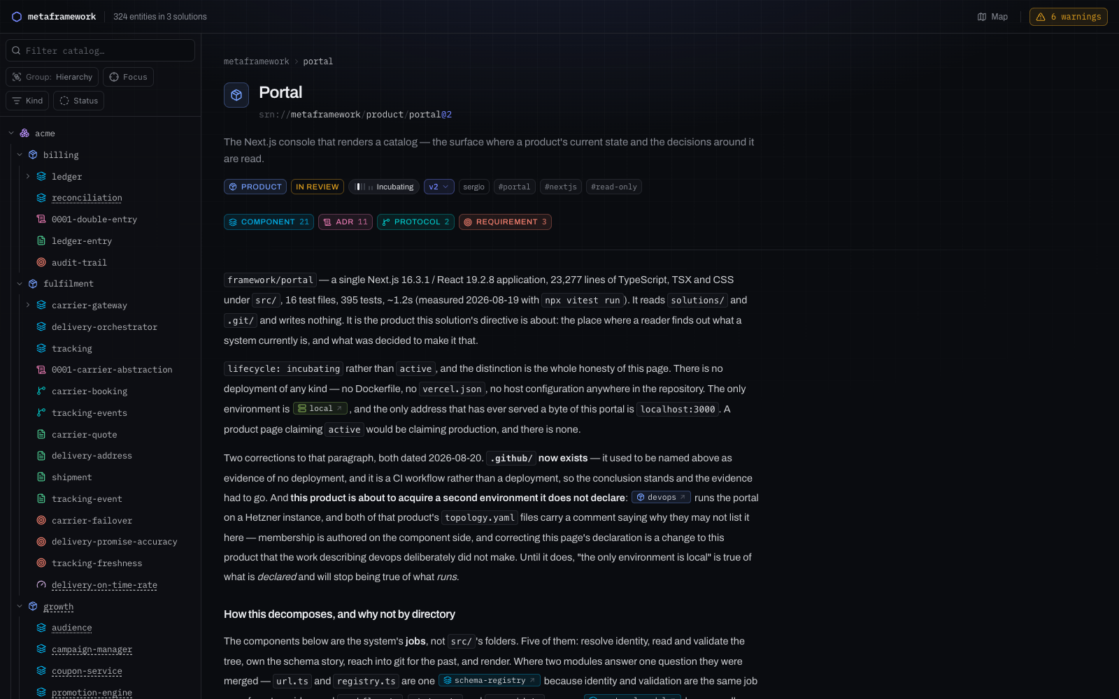 An entity page — kind, review status, delivery lifecycle, component type, version, and the components it owns