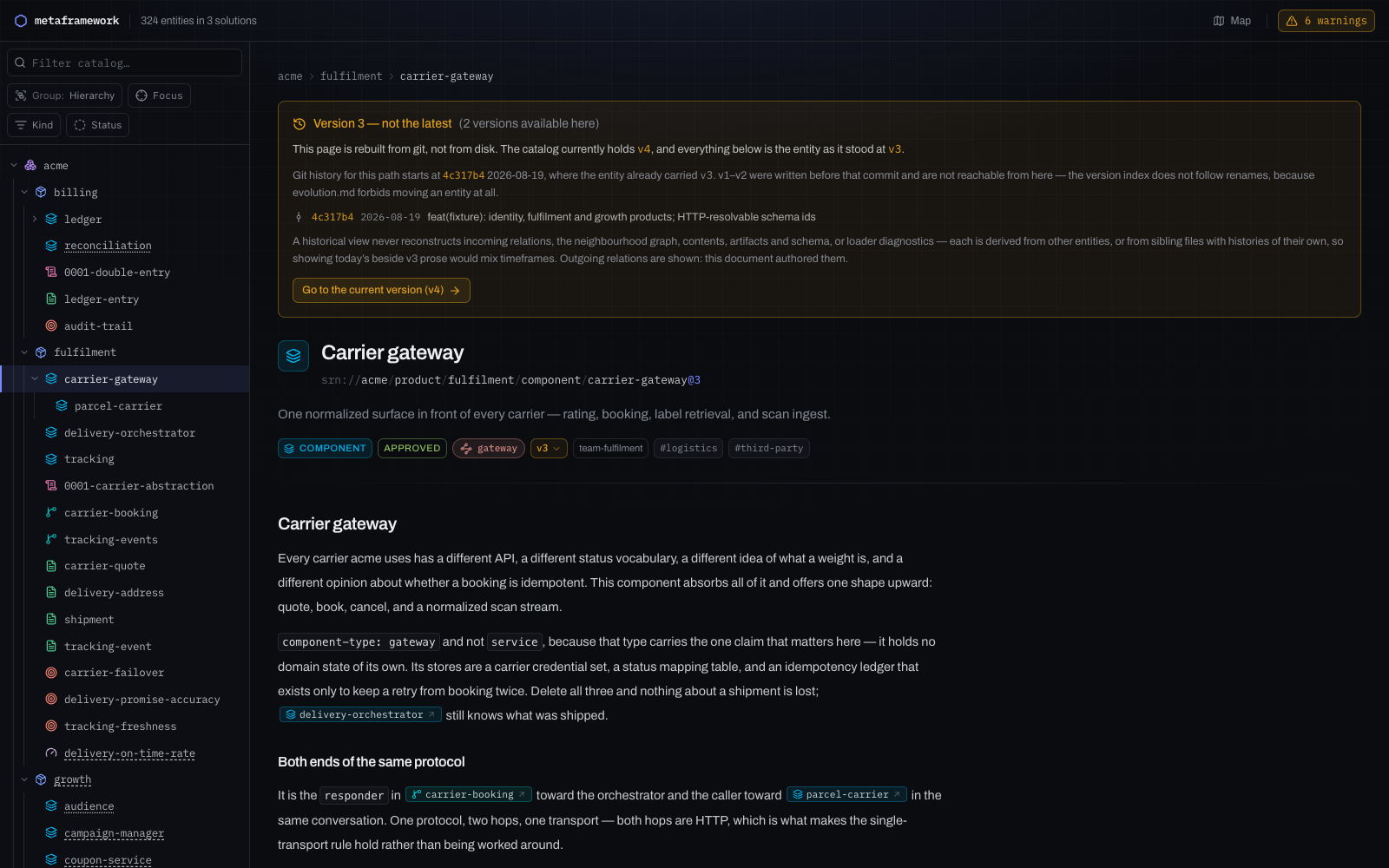 An entity rebuilt from git at version 3, naming the commit it came from