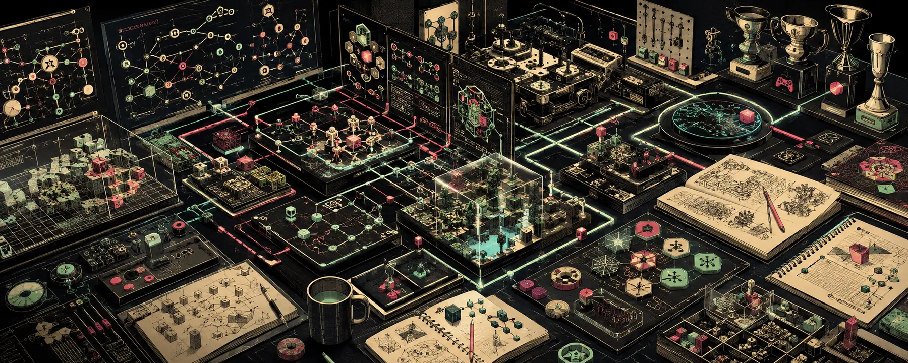 A builder's workbench connecting agent systems, open-source pathways, and playable worlds