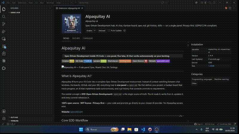 Alpaquitay AI — 5-tab panel: Spec, Board, Chat, Git, Settings